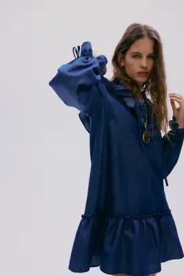 Robe volantée en denim - Bleu denim foncé — photo 2