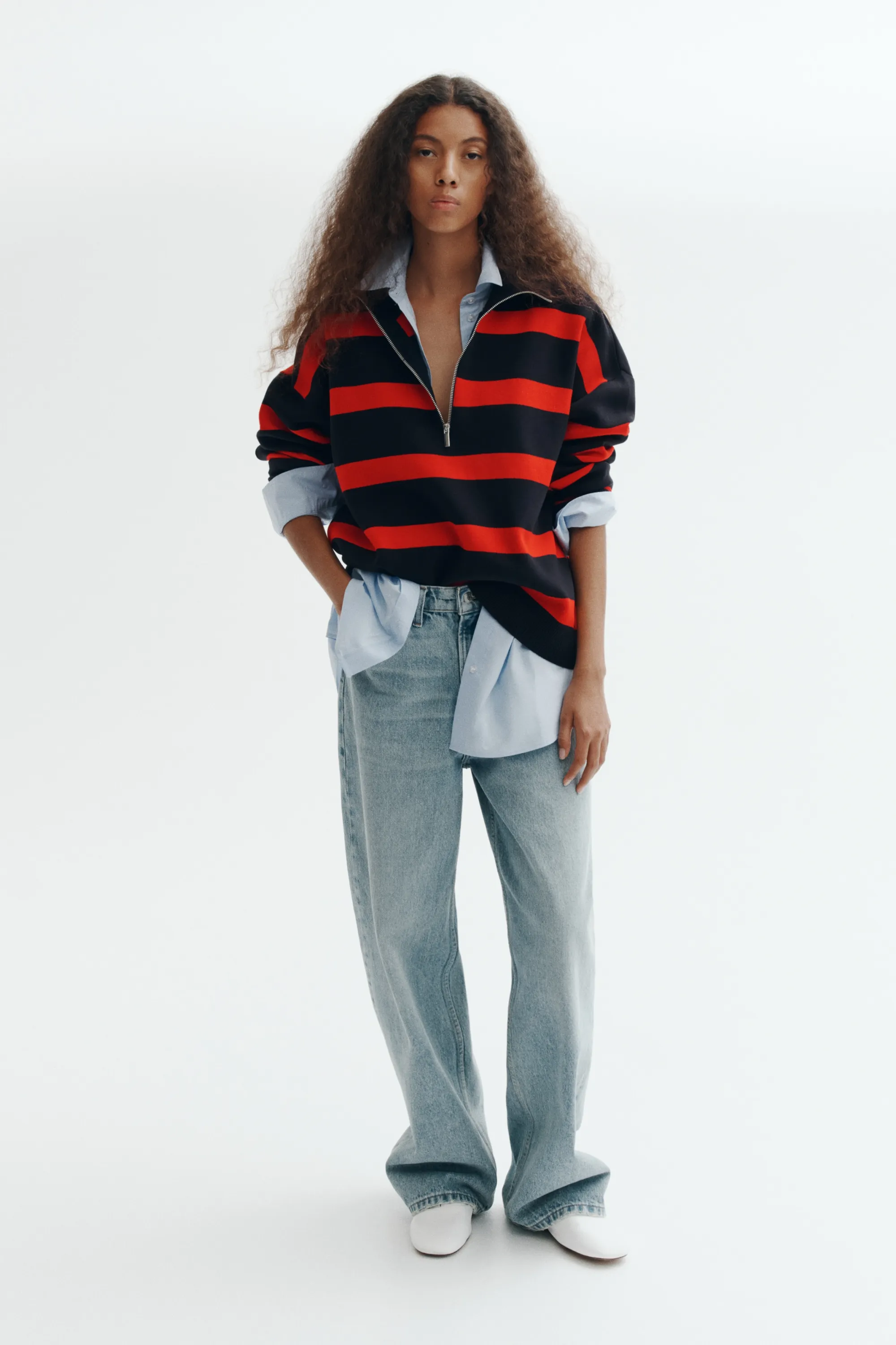 Pull à col zippé - Bleu marine/rayé