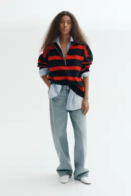 Pull à col zippé - Bleu marine/rayé — photo 1