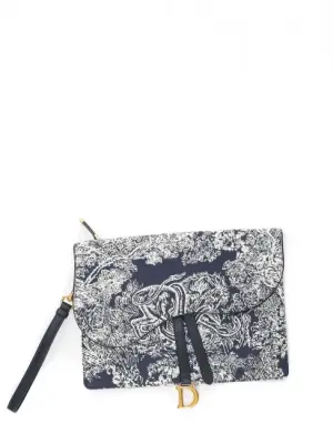 Sac pochette Saddle en toile et cuir imprimé toile de Jouy bleu marine et crème Prix boutique 1100€ — photo 1