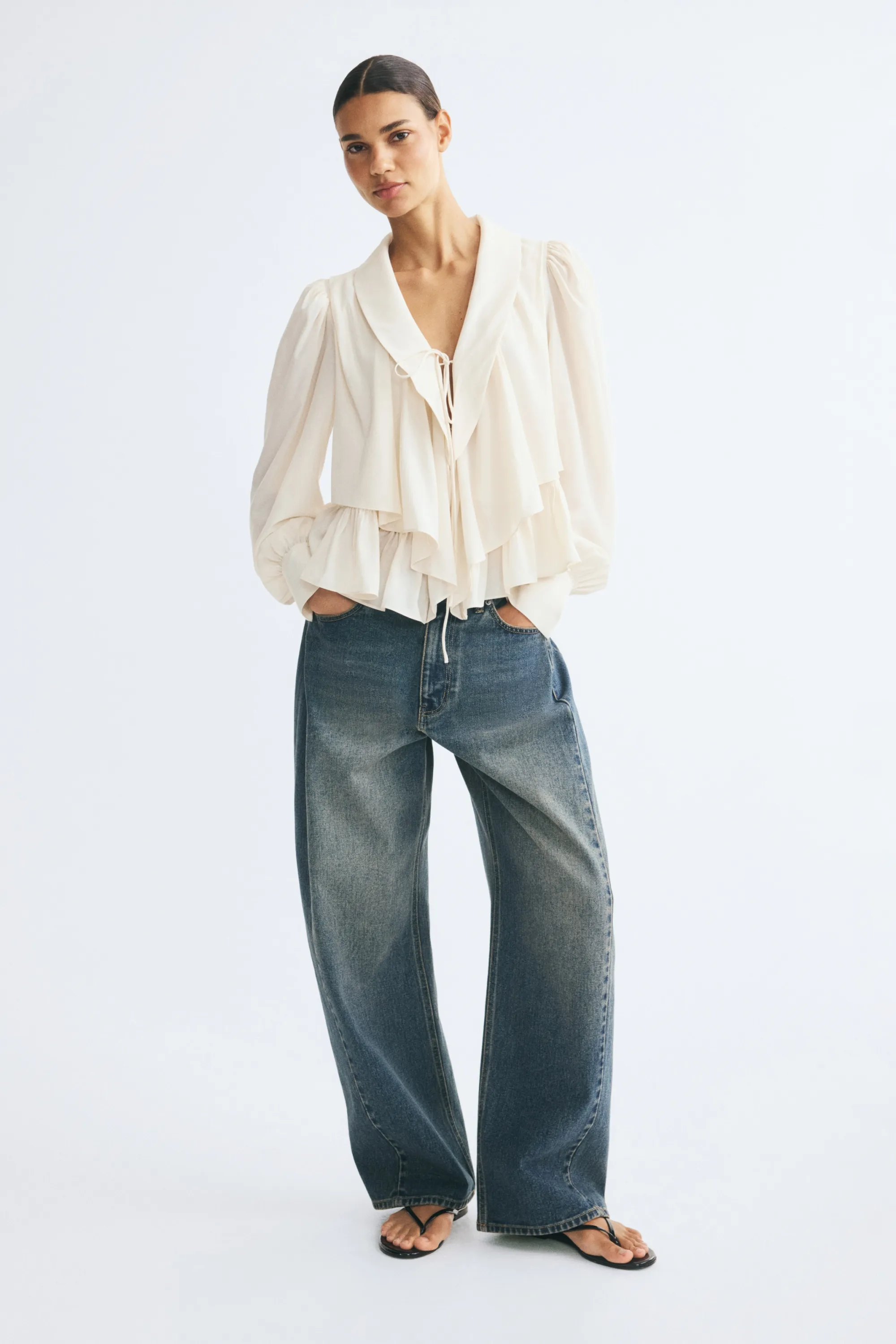 Blouse péplum avec col châle - Beige clair