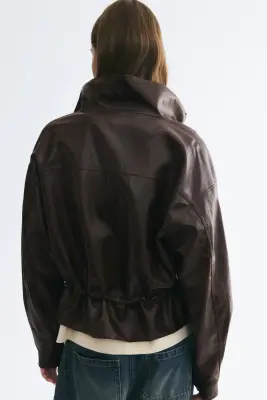 Veste à col droit en tissu enduit - Marron foncé — photo 2