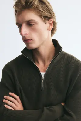 Pull Regular Fit avec col zippé - Vert foncé — photo 2