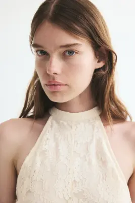 Robe à plis godets en dentelle - Crème — photo 2