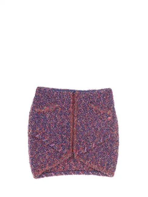 Mini jupe moulante en tweed rose, bleu violet et doré pailleté Prix boutique 3800€ Taille 34