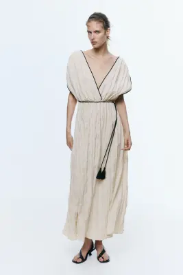 Robe froissée avec détail à nouer - Beige clair — photo 1