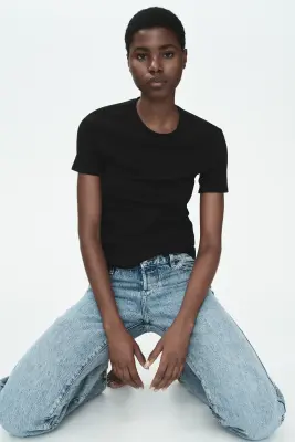 T-shirt ajusté en coton mélangé - Noir — photo 1