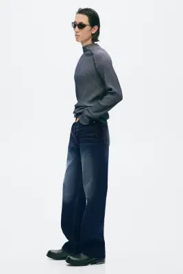Pull Slim Fit en maille côtelée avec col cheminée - Bleu marine/rayé — photo 4