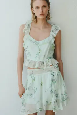 Jupe volantée en lyocell mélangé - Vert clair/fleuri — photo 1