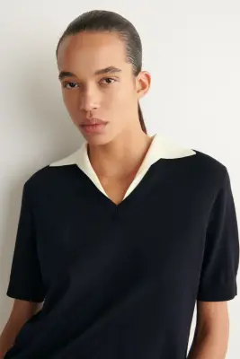 POLO SUPERPOSÉ EN LAINE MÉRINOS - MARINE / BLANC — photo 3