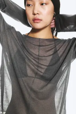 Pull ample confectionné en maille transparente - Gris foncé — photo 2