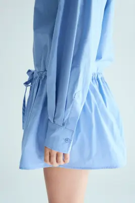 Robe chemise en popeline avec cordon de serrage - Bleu clair — photo 3