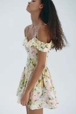 Robe avec épaules dénudées en popeline - Rose clair/fleuri — photo 2