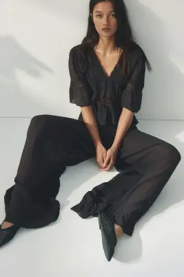 Pantalon en viscose avec dentelle - Gris foncé — photo 1