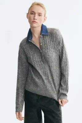 Polo en maille torsadée avec col en denim - Gris chiné — photo 1