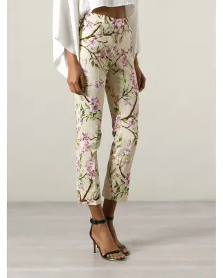 Pantalon droit beige imprimé fleurs de cerisier rose blanc vert Prix boutique $850 Taille XS — photo 2