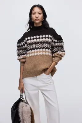 Pull en maille jacquard avec col cheminée - Beige/motif — photo 2