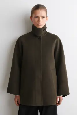 MANTEAU COURT EN LAINE DOUBLE FACE À COL CHEMINÉE - BRUN — photo 2