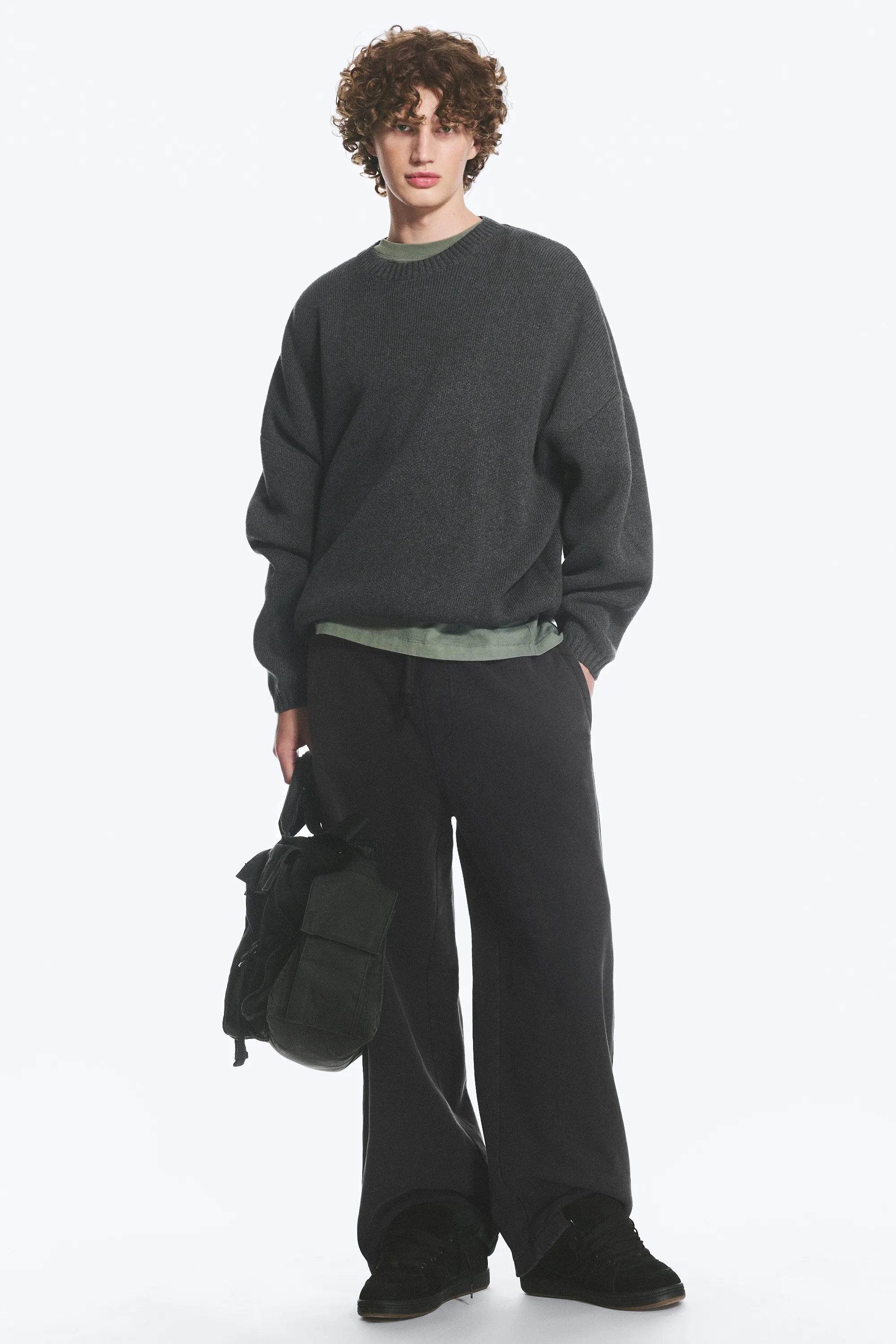 Pull oversize en coton épais - Gris foncé chiné