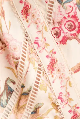 Robe en lin mélangé avec bretelles à nouer - Beige clair/fleuri — photo 3