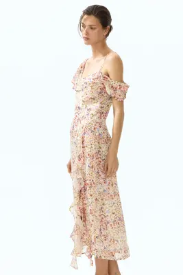 Robe asymétrique avec épaules dénudées - Beige clair/fleuri — photo 2