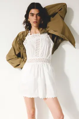 Combi-short en coton avec dentelle - Blanc — photo 1