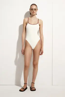 MAILLOT DE BAIN UNE-PIÈCE À FINITION CONTRASTÉE - BLANC / ROUGE — photo 1