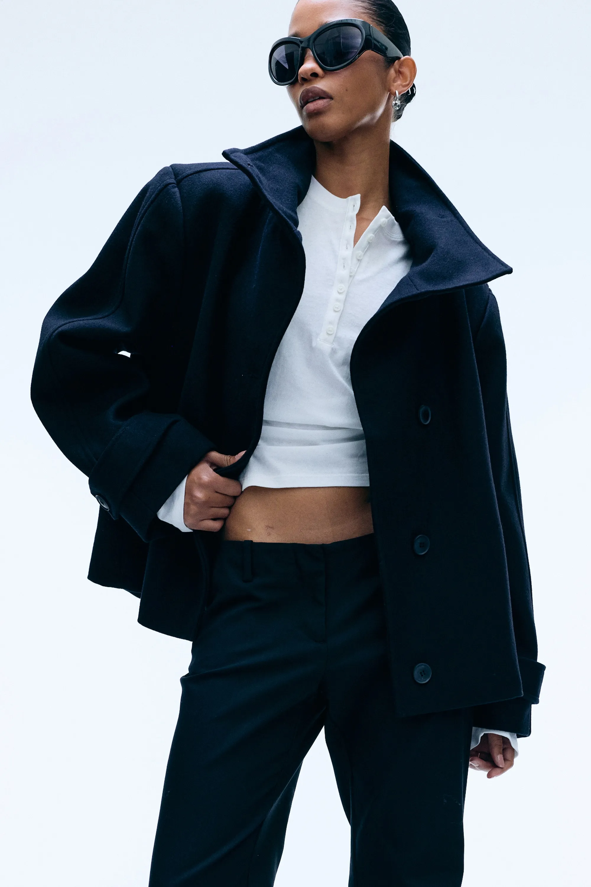 Veste en laine mélangée à col cheminée - Noir