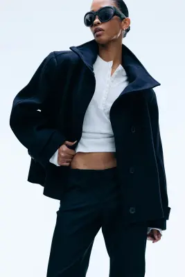 Veste en laine mélangée à col cheminée - Noir — photo 1