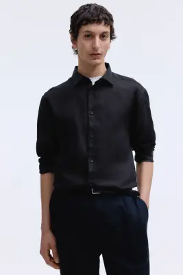 Chemise Slim Fit en lin - Noir — photo 3