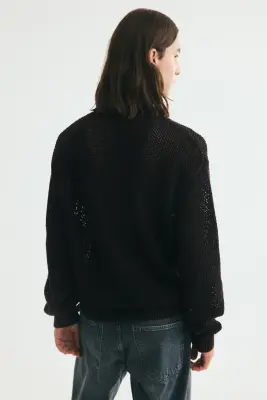 Pull Loose Fit en maille de coton ajourée - Noir — photo 3