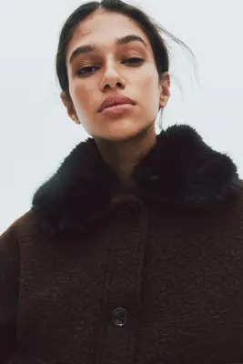 Veste en twill avec col duveteux - Marron foncé — photo 3