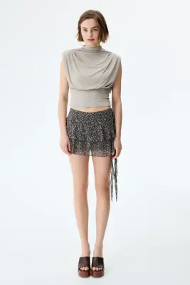 Jupe à étages avec panneau drapé - Gris foncé/fleuri — photo 2
