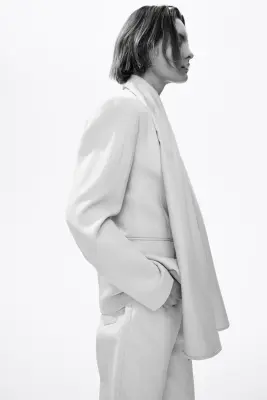 Blazer sans revers avec écharpe - Beige clair — photo 5