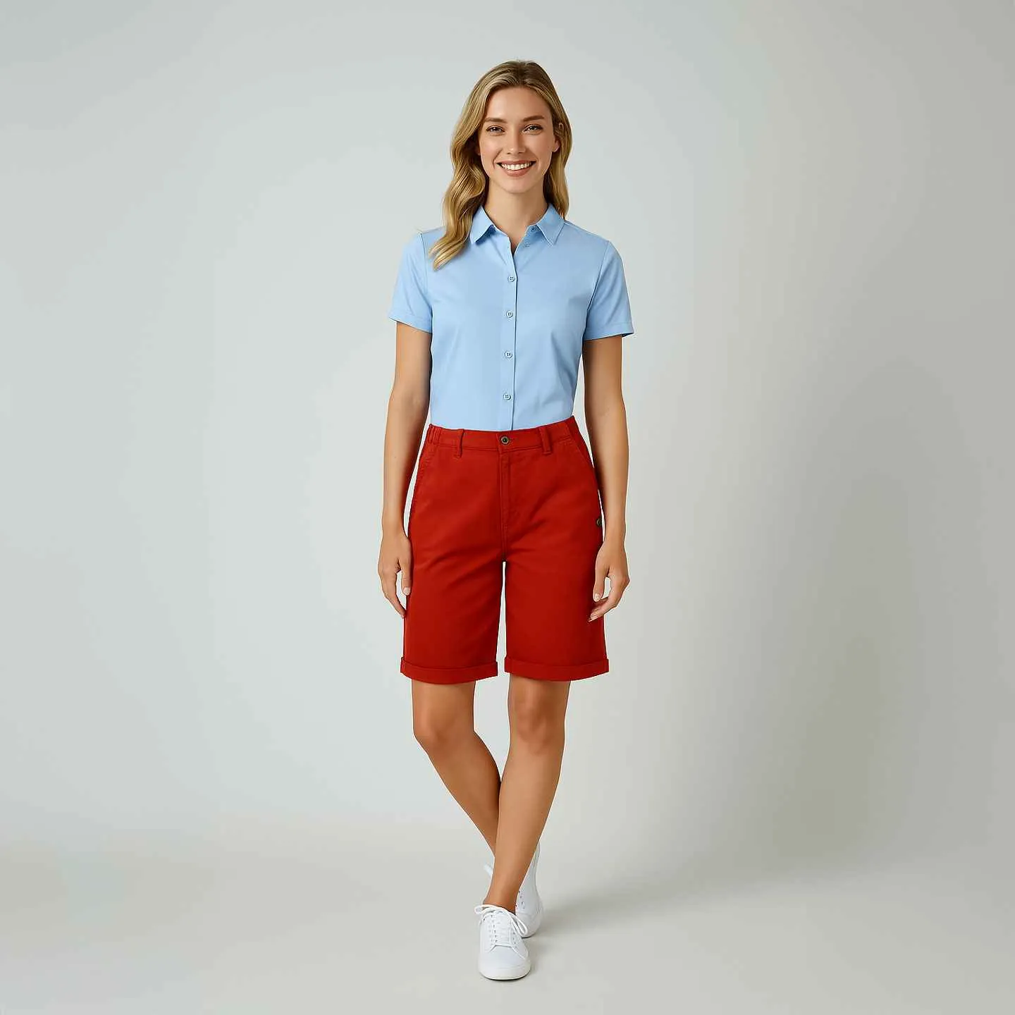 Barbara, Bermuda avec revers en toile stretch - Toile Kermes