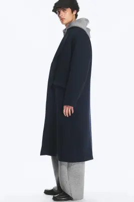 Manteau oversize en laine mélangée à boutonnage simple - Bleu foncé chiné — photo 3