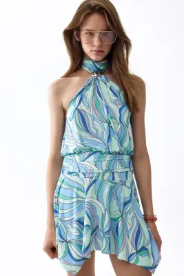 Robe dos nu avec jupe évasée - Turquoise/motif — photo 1