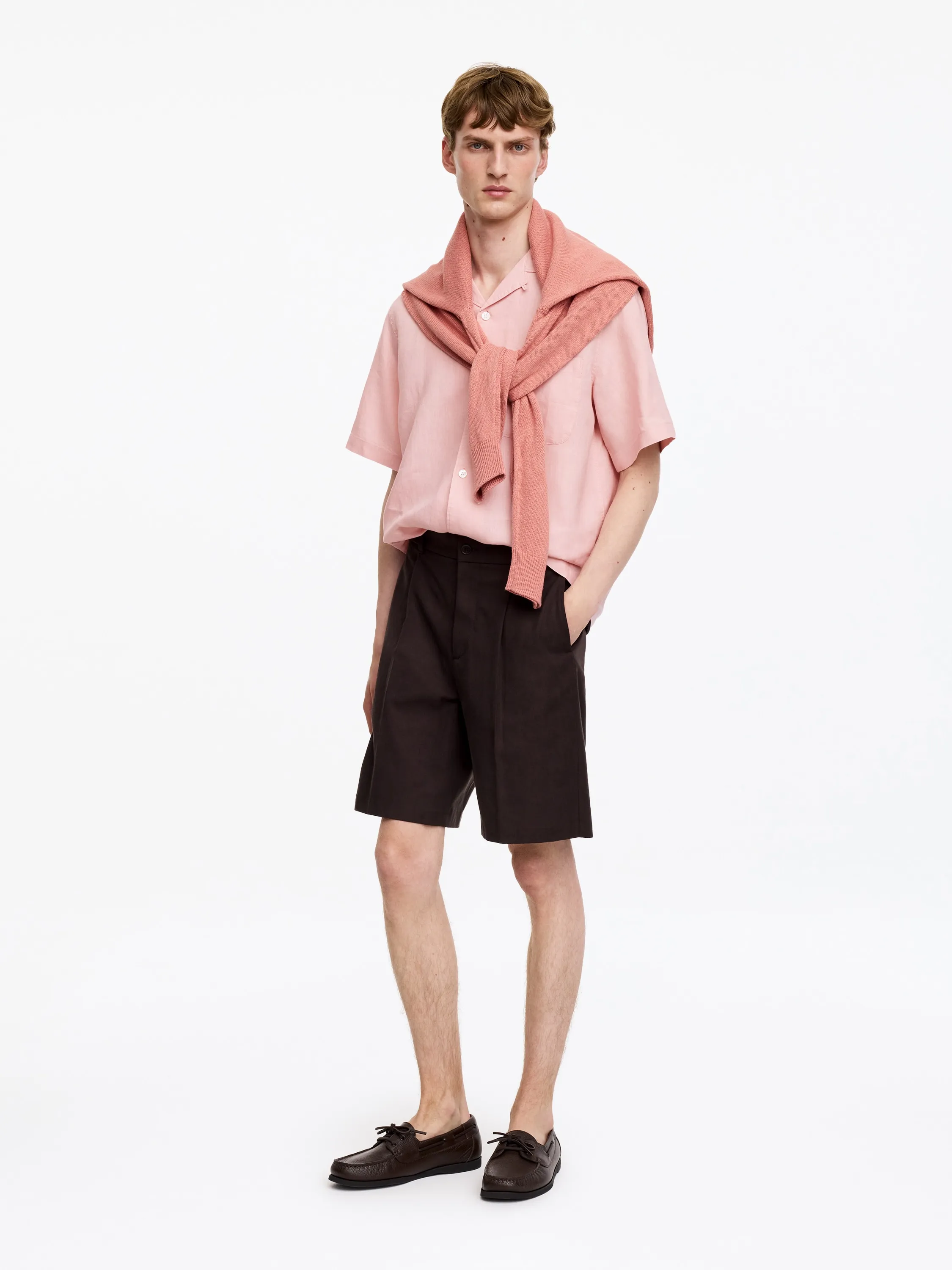 Chemise décontractée en lin avec col cubain - Rose clair