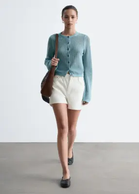 Cardigan en maille ajourée de coton - Turquoise — photo 2