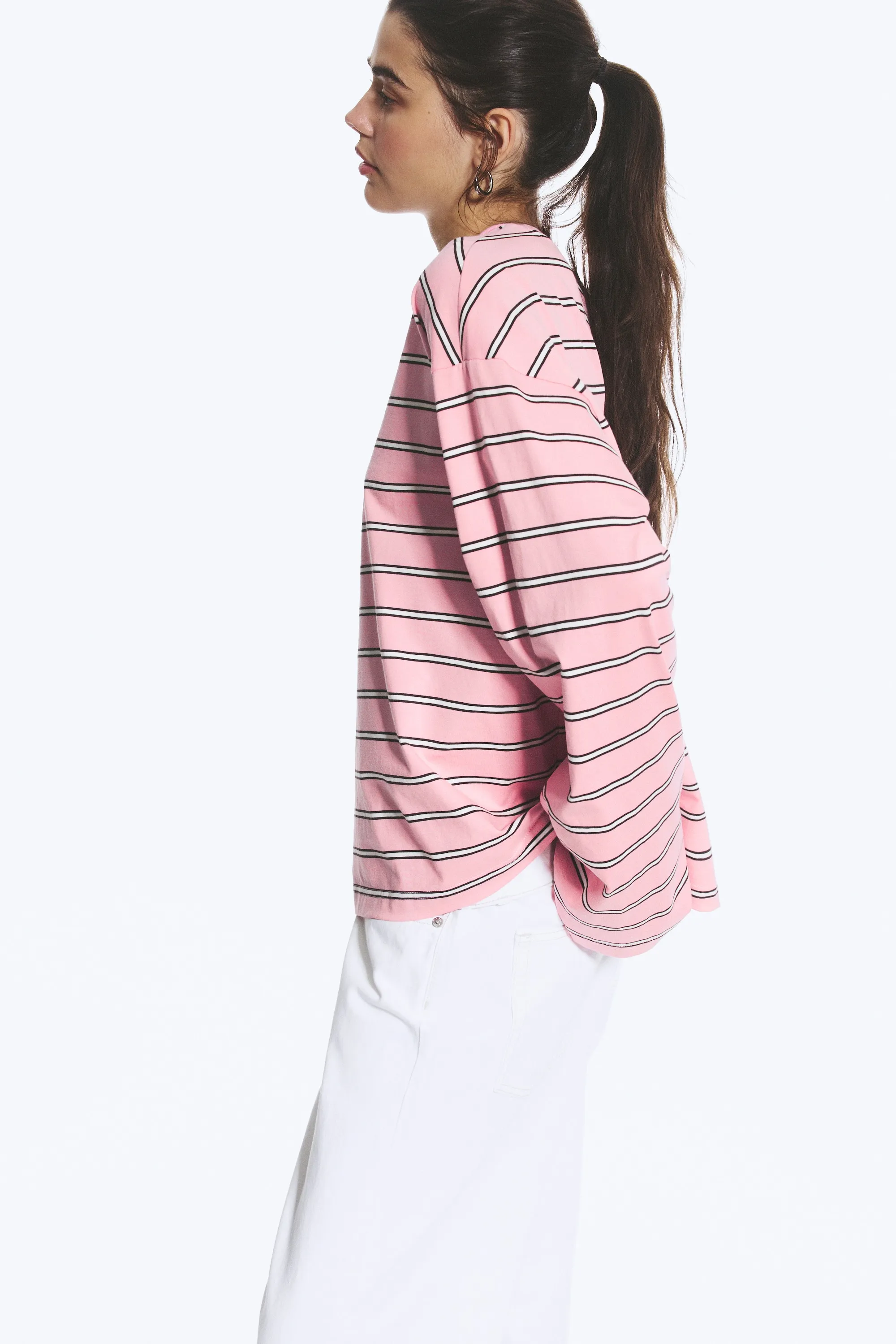 T-shirt en coton à manches longues - Rose/Blanc/Marron rayé