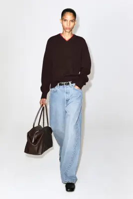 PULL COL EN V SUPERPOSÉ EN LAINE MÉRINOS - MARRON / ROUGE — photo 2