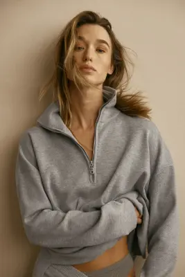 Pull oversize avec col zippé - Gris chiné — photo 2