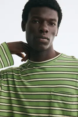 T-shirt à manches longues Regular Fit en interlock - Vert/rayé — photo 2