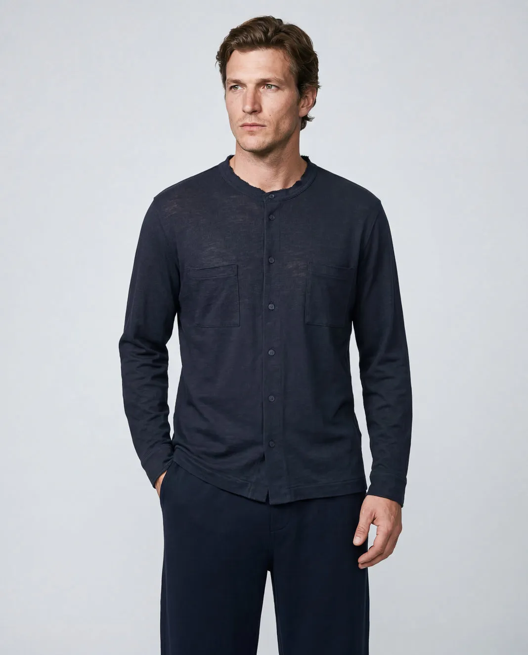 Chemise Marine Manches Longues en Coton / Lin