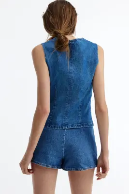 Gilet sans manches en denim avec liens à nouer - Bleu denim — photo 4
