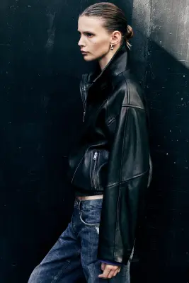 Veste oversize en cuir à col cheminée - Noir — photo 2