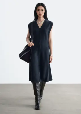 Robe midi en coton et laine - Bleu foncé — photo 2