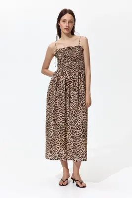 Robe avec bretelles à nouer et corsage smocké - Beige/imprimé léopard — photo 2