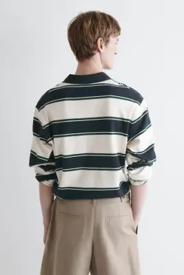 POLO EN COTON INTERLOCK - BLANC / MARINE / RAYÉ — photo 4