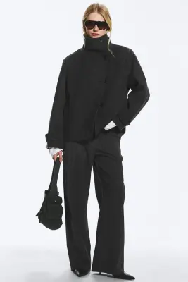 Veste en laine mélangée à col cheminée - Gris foncé chiné — photo 2